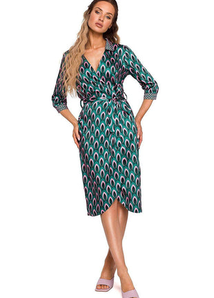 Geometric Print Dress in Shiny Fabric with Belted Waist - MimiStylez