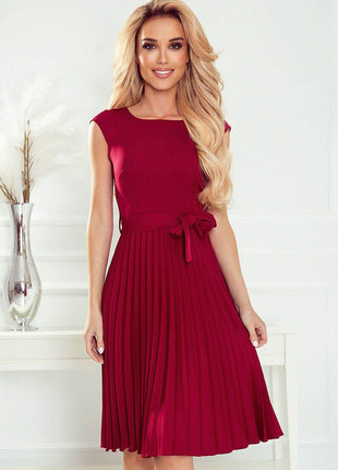Pleated Midi Dress with Short Sleeves & Belt - MimiStylez