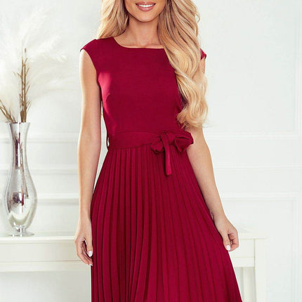 Pleated Midi Dress with Short Sleeves & Belt - MimiStylez