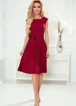 Pleated Midi Dress with Short Sleeves & Belt - MimiStylez
