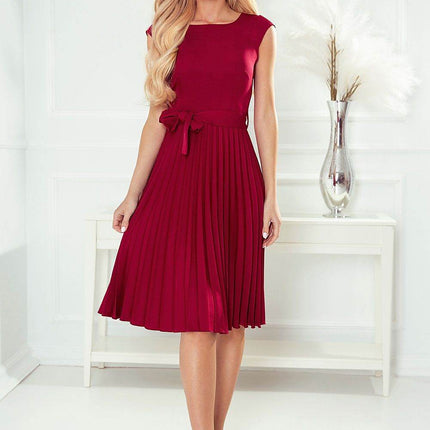 Pleated Midi Dress with Short Sleeves & Belt - MimiStylez