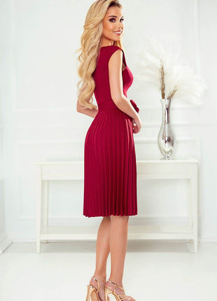 Pleated Midi Dress with Short Sleeves & Belt - MimiStylez