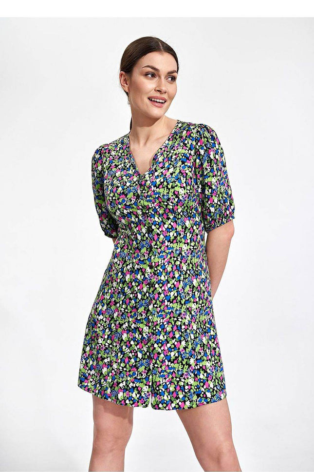 Summer Mini Dress with Patterned Buttons - MimiStylez