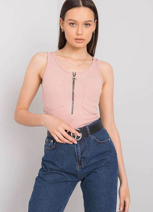 Sleeveless T-Shirt with Zipper Front & Decorative Pockets - MimiStylez