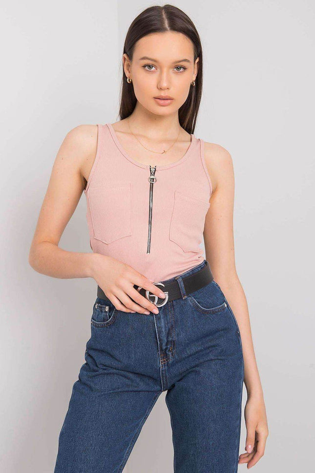 Sleeveless T-Shirt with Zipper Front & Decorative Pockets - MimiStylez