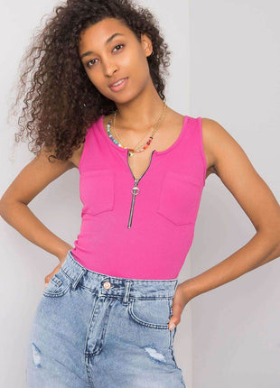 Sleeveless T-Shirt with Zipper Front & Decorative Pockets - MimiStylez