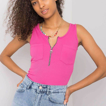 Sleeveless T-Shirt with Zipper Front & Decorative Pockets - MimiStylez