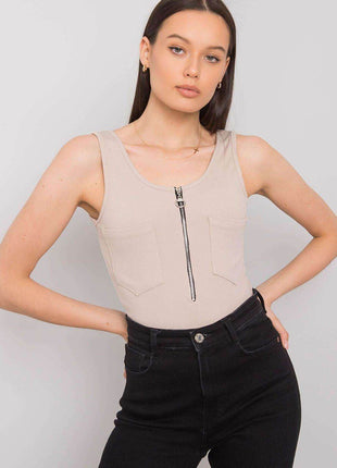 Sleeveless T-Shirt with Zipper Front & Decorative Pockets - MimiStylez