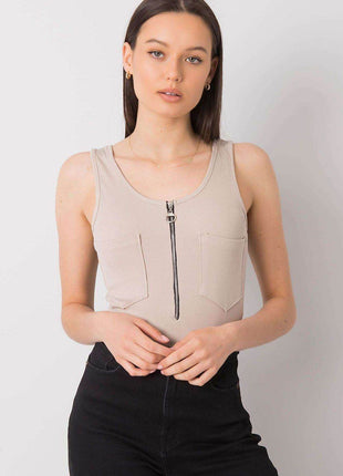 Sleeveless T-Shirt with Zipper Front & Decorative Pockets - MimiStylez