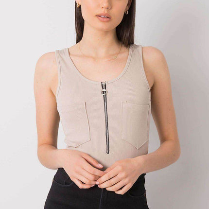 Sleeveless T-Shirt with Zipper Front & Decorative Pockets - MimiStylez