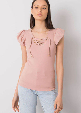 Ribbed Blouse with Frill Sleeves & Decorative Tie Neckline - MimiStylez