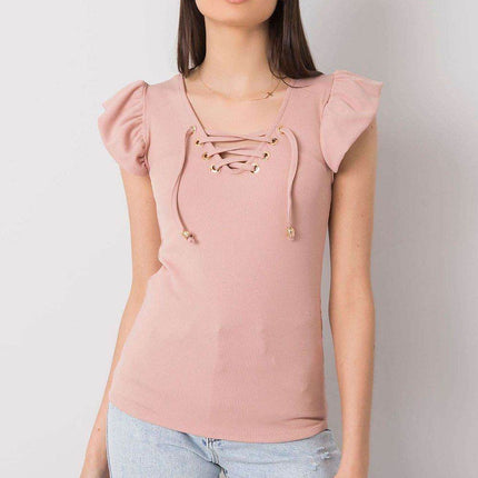 Ribbed Blouse with Frill Sleeves & Decorative Tie Neckline - MimiStylez