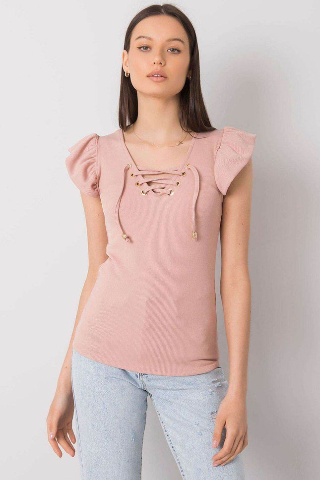 Ribbed Blouse with Frill Sleeves & Decorative Tie Neckline - MimiStylez