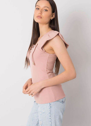 Ribbed Blouse with Frill Sleeves & Decorative Tie Neckline - MimiStylez