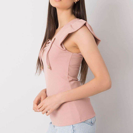 Ribbed Blouse with Frill Sleeves & Decorative Tie Neckline - MimiStylez