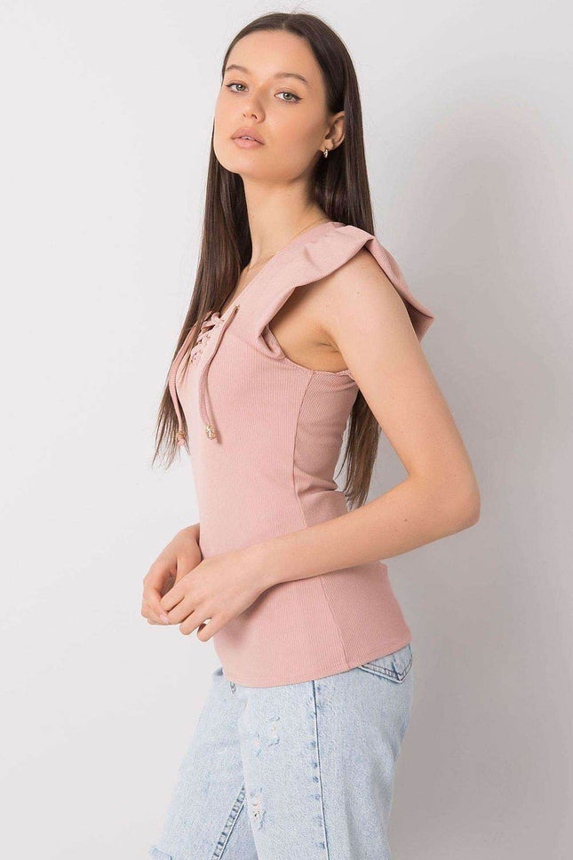 Ribbed Blouse with Frill Sleeves & Decorative Tie Neckline - MimiStylez