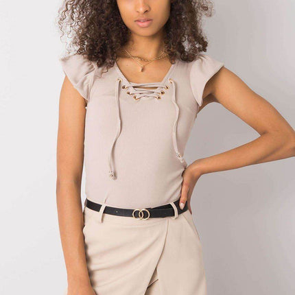 Ribbed Blouse with Frill Sleeves & Decorative Tie Neckline - MimiStylez