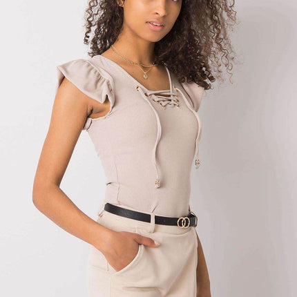 Ribbed Blouse with Frill Sleeves & Decorative Tie Neckline - MimiStylez