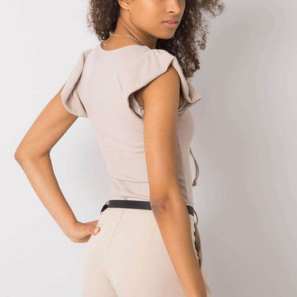Ribbed Blouse with Frill Sleeves & Decorative Tie Neckline - MimiStylez