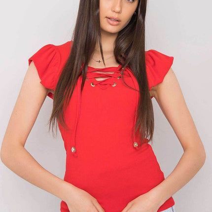 Ribbed Blouse with Frill Sleeves & Decorative Tie Neckline - MimiStylez