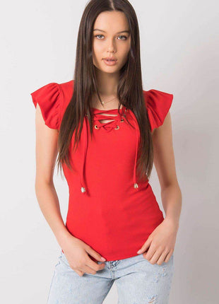 Ribbed Blouse with Frill Sleeves & Decorative Tie Neckline - MimiStylez