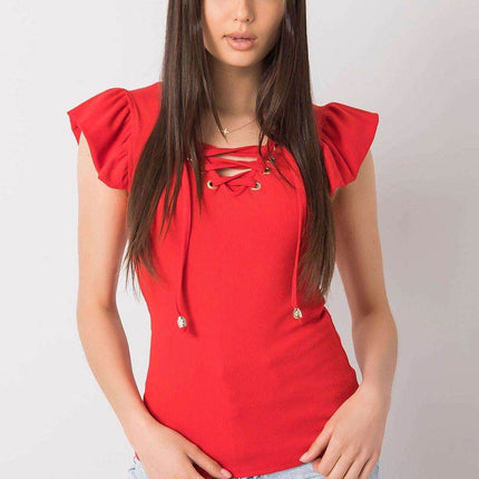 Ribbed Blouse with Frill Sleeves & Decorative Tie Neckline - MimiStylez