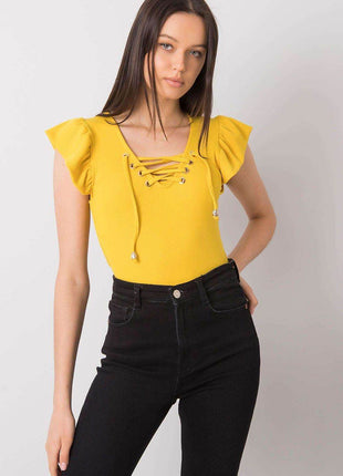 Ribbed Blouse with Frill Sleeves & Decorative Tie Neckline - MimiStylez