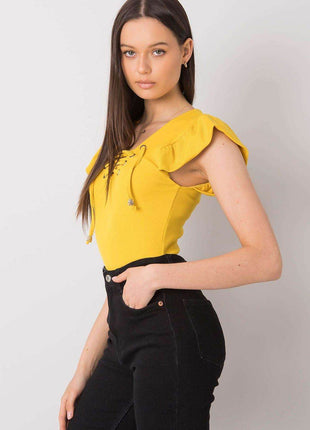 Ribbed Blouse with Frill Sleeves & Decorative Tie Neckline - MimiStylez