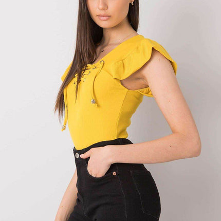 Ribbed Blouse with Frill Sleeves & Decorative Tie Neckline - MimiStylez