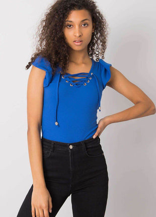 Ribbed Blouse with Frill Sleeves & Decorative Tie Neckline - MimiStylez