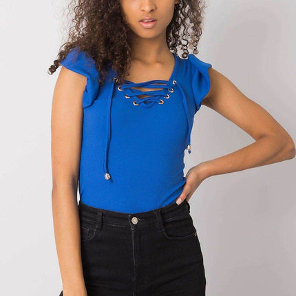 Ribbed Blouse with Frill Sleeves & Decorative Tie Neckline - MimiStylez