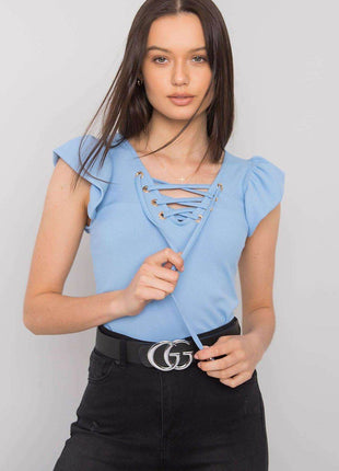 Ribbed Blouse with Frill Sleeves & Decorative Tie Neckline - MimiStylez