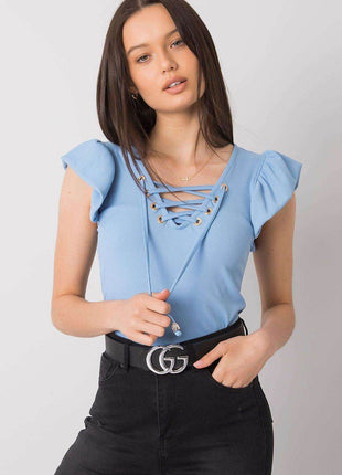 Ribbed Blouse with Frill Sleeves & Decorative Tie Neckline - MimiStylez