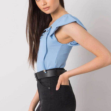 Ribbed Blouse with Frill Sleeves & Decorative Tie Neckline - MimiStylez