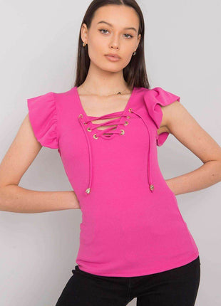 Ribbed Blouse with Frill Sleeves & Decorative Tie Neckline - MimiStylez
