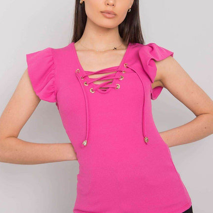 Ribbed Blouse with Frill Sleeves & Decorative Tie Neckline - MimiStylez