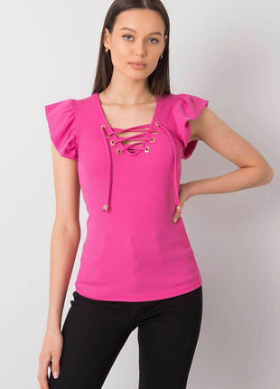 Ribbed Blouse with Frill Sleeves & Decorative Tie Neckline - MimiStylez