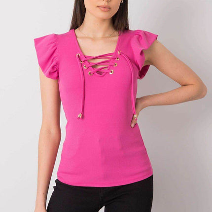 Ribbed Blouse with Frill Sleeves & Decorative Tie Neckline - MimiStylez