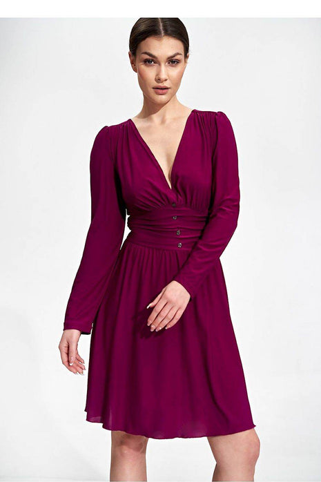 Flared Knee-Length Dress with Sweetheart Neckline & Draped Button Belt - MimiStylez