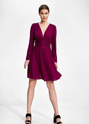 Flared Knee-Length Dress with Sweetheart Neckline & Draped Button Belt - MimiStylez
