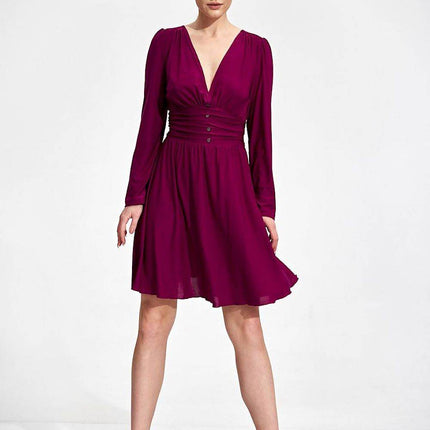 Flared Knee-Length Dress with Sweetheart Neckline & Draped Button Belt - MimiStylez