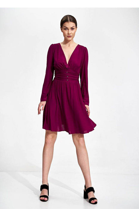Flared Knee-Length Dress with Sweetheart Neckline & Draped Button Belt - MimiStylez
