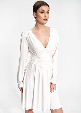 Flared Knee-Length Dress with Sweetheart Neckline & Draped Button Belt - MimiStylez