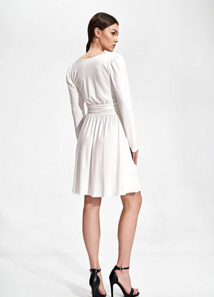 Flared Knee-Length Dress with Sweetheart Neckline & Draped Button Belt - MimiStylez