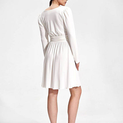 Flared Knee-Length Dress with Sweetheart Neckline & Draped Button Belt - MimiStylez