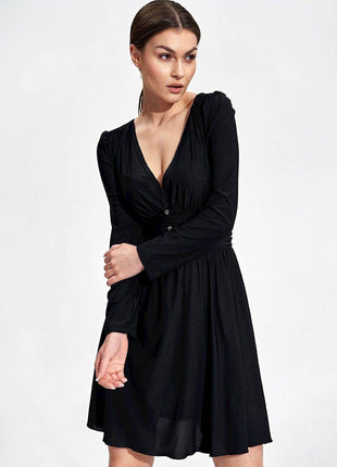 Flared Knee-Length Dress with Sweetheart Neckline & Draped Button Belt - MimiStylez
