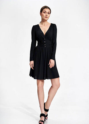 Flared Knee-Length Dress with Sweetheart Neckline & Draped Button Belt - MimiStylez