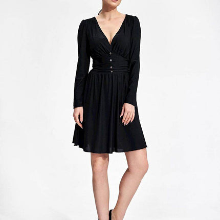 Flared Knee-Length Dress with Sweetheart Neckline & Draped Button Belt - MimiStylez