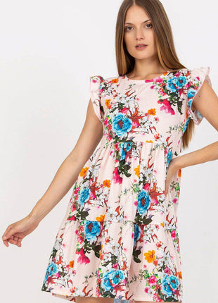 Floral Frill Sleeve Summer Cotton Dress with Flared Ruffle Hem - MimiStylez