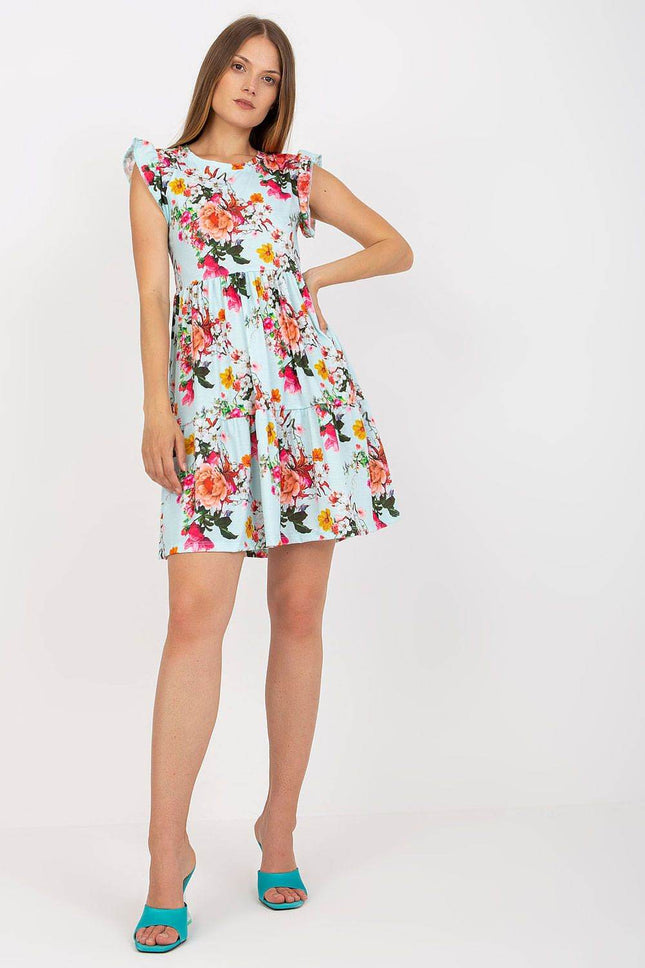 Floral Summer Cotton Dress with Frilled Short Sleeves and Flared Hem - MimiStylez